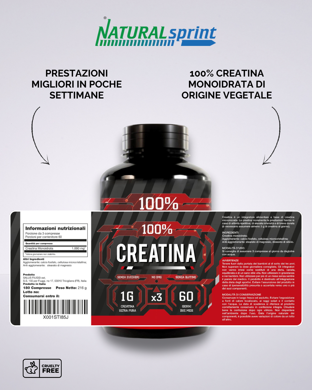 100% CREATINA - Alto Dosaggio 180 Compresse